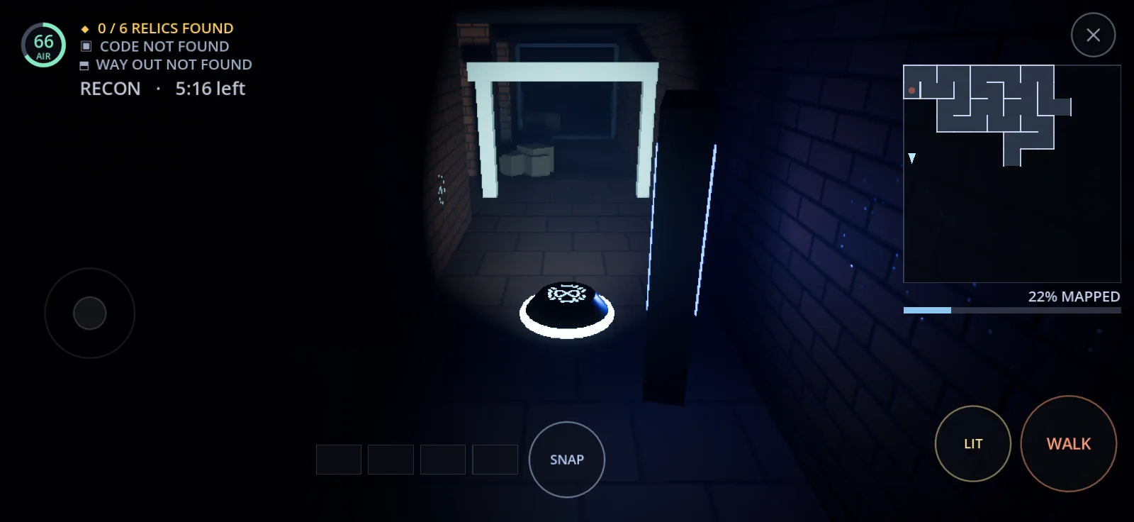 The drone hovering in a lit brick corridor, the map filling in behind it