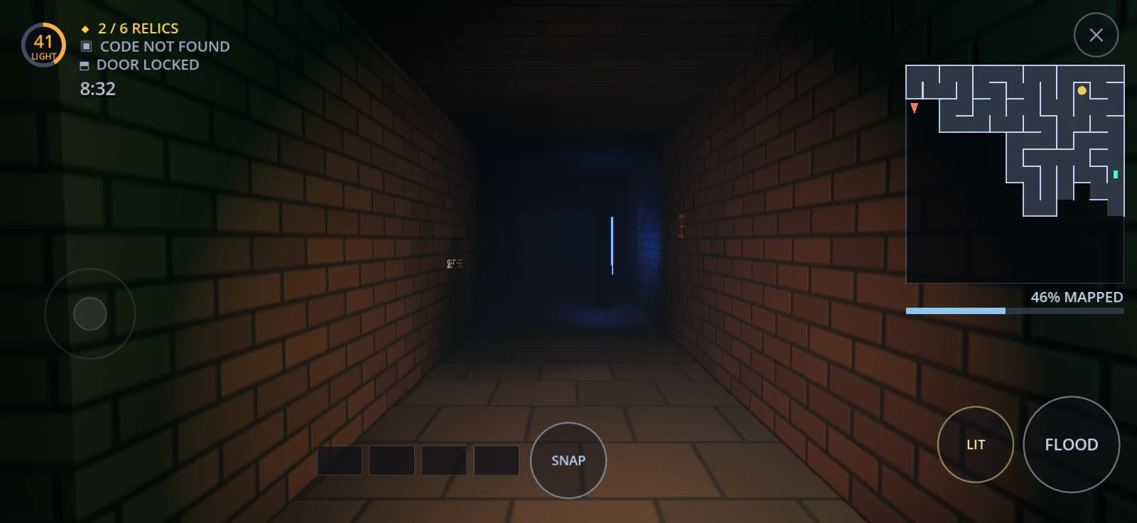First-person view down a brick corridor lit by a flood beam