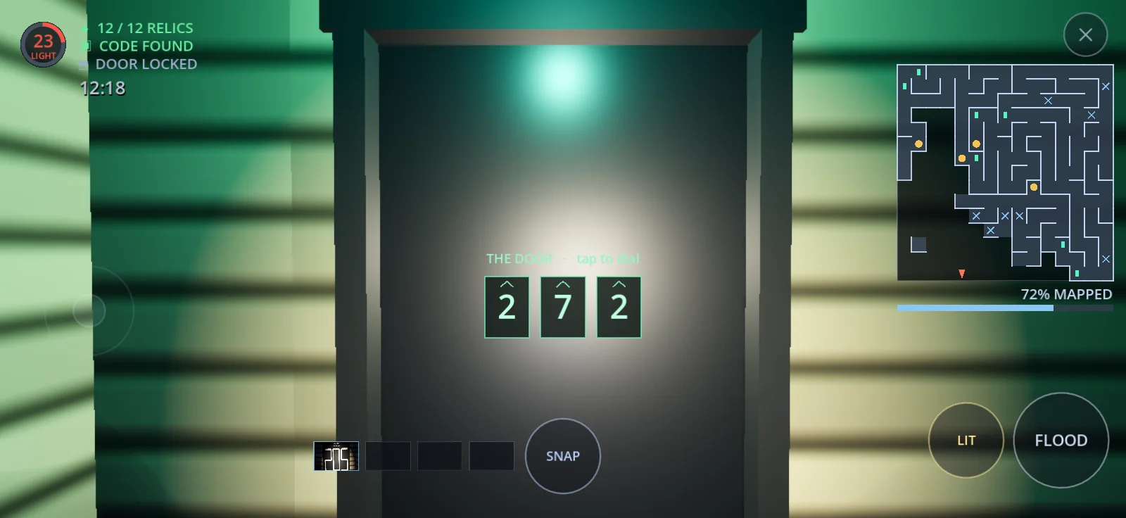 The locked exit door with its three-digit dial lit green